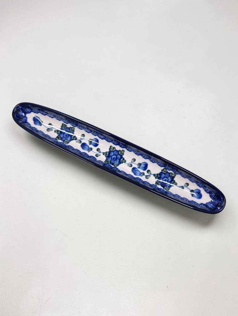 Okraska Blue Floral Vintage Olive Boat Glazed Poland Ceramic Serveware
